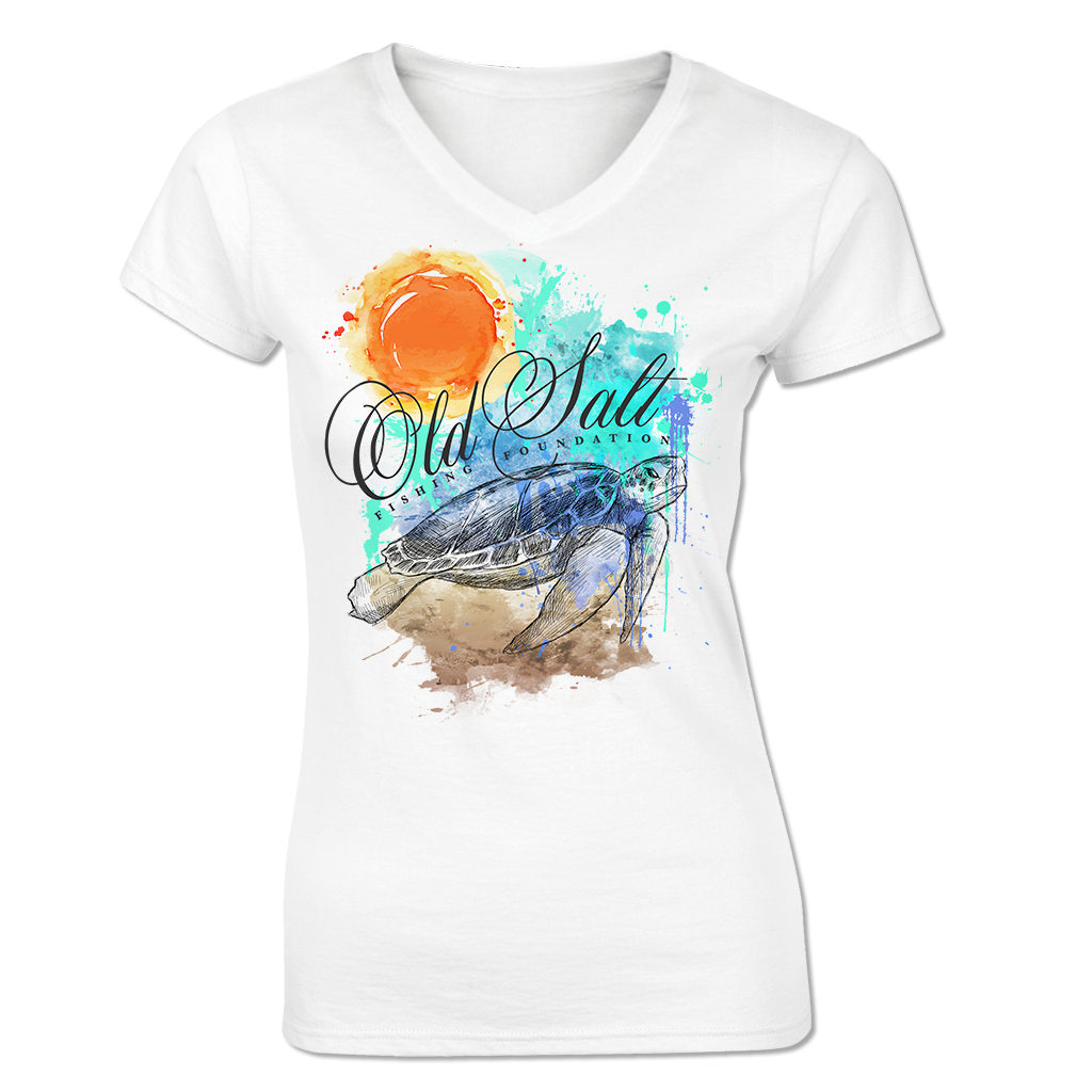Salty Turtle - Ladies V-neck Cotton/Poly blend Fishing Tee - Short Sleeve